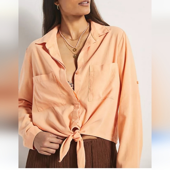 Cloth & Stone By Antropologie Tie-Front Blouse Peach Buttons Lyocell sz M. - Picture 1 of 14